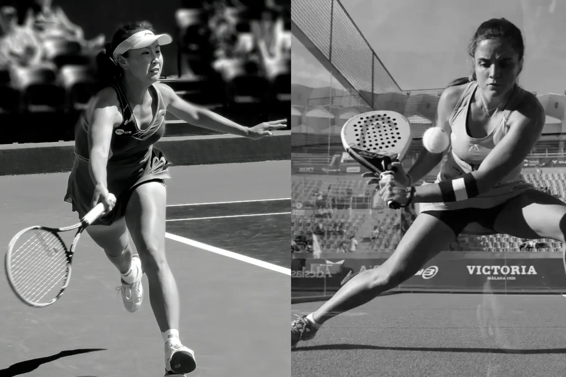 Side-by-side comparison of a tennis player and a padel player in action, highlighting the differences in each sport.