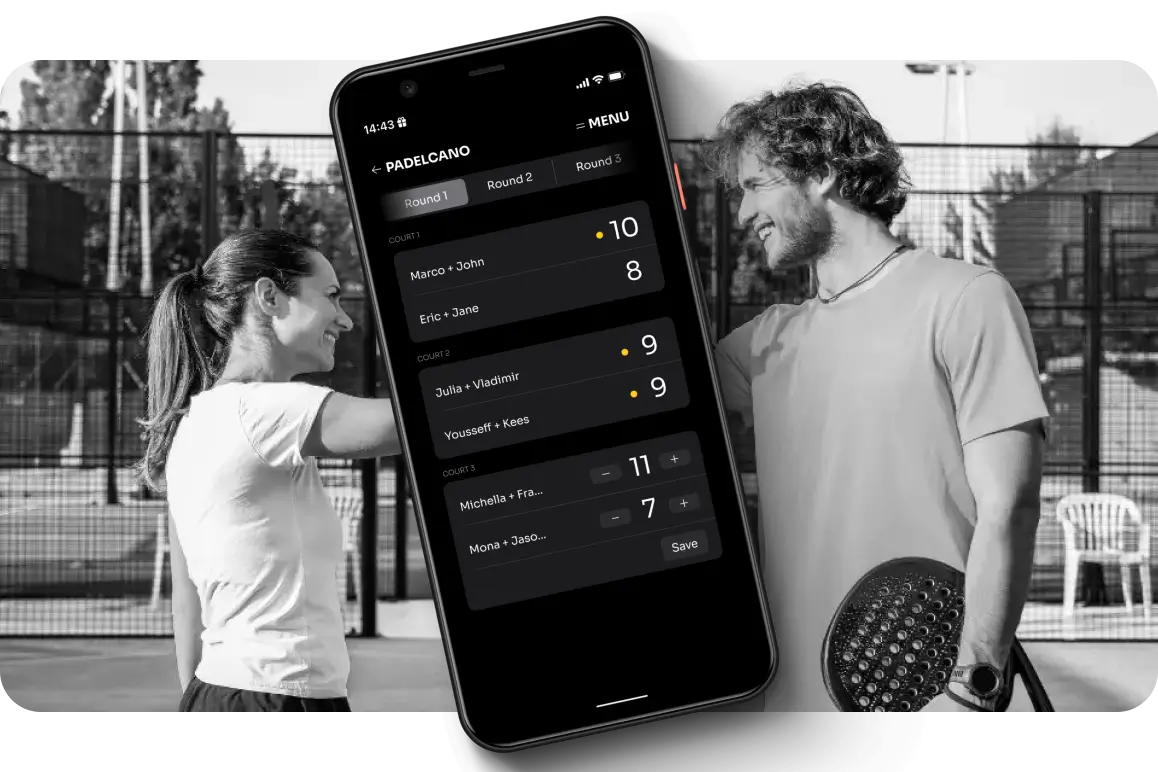 padelcano app mock up with padel players in the back 